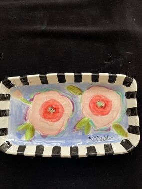 Bella Flowers On Periwinkle Handmade Ceramic Platter11.5”x7”